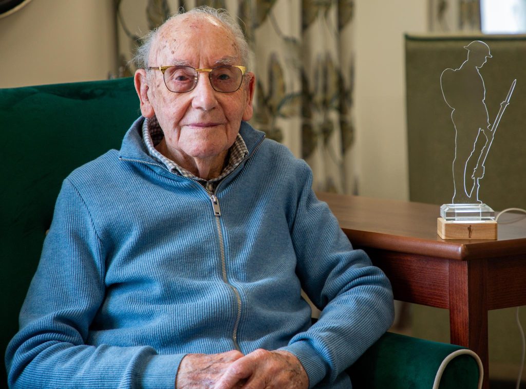 World War 2 Veteran Percy Bowpitt sitting in the comfort of his home in the RBVE village