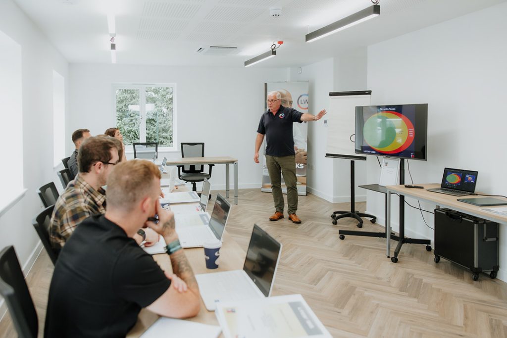 A lifeworks coach leads a session in front of a group of veterans